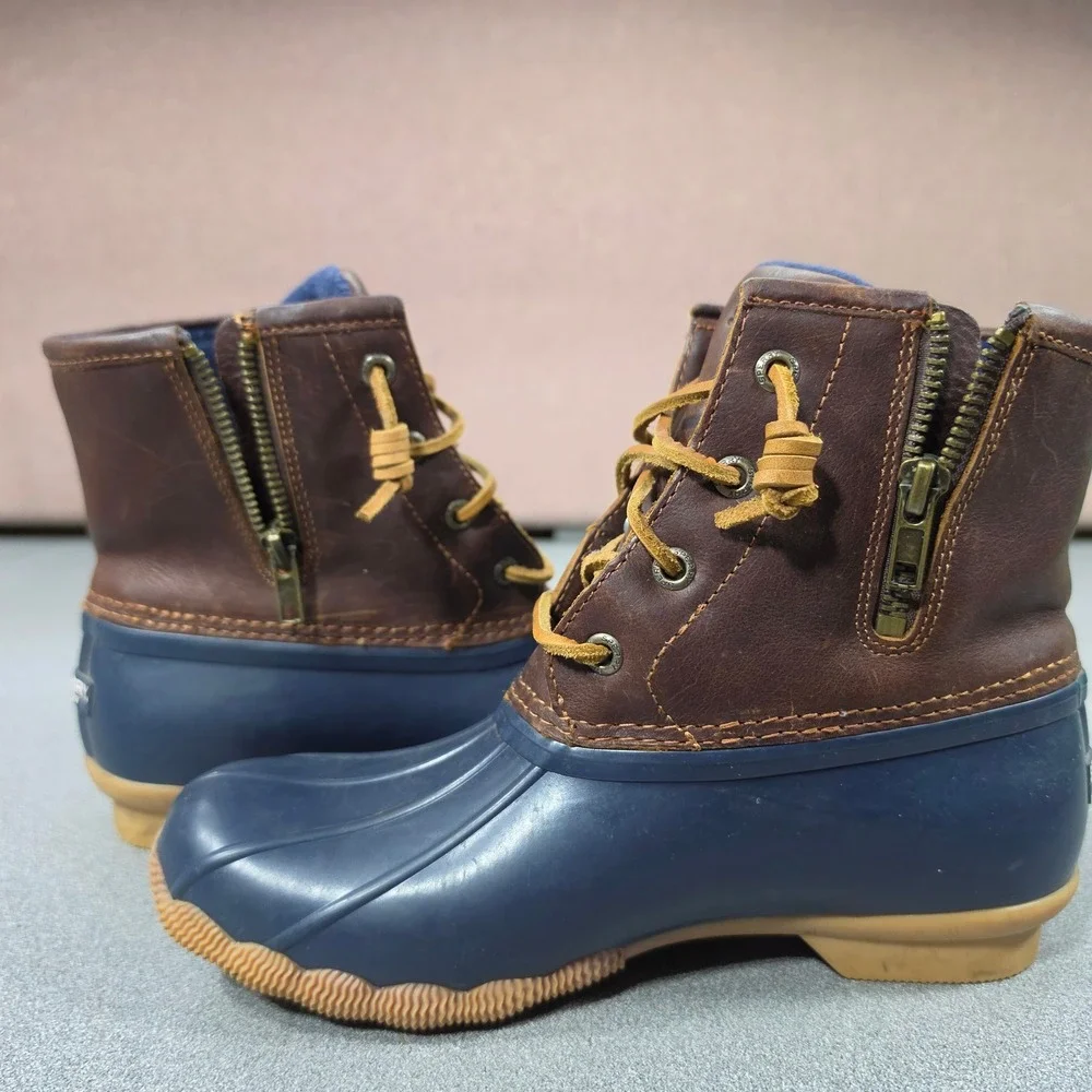 Sperry Saltwater Duck Boots Womens 6 Navy Brown Excellent STS91175 Leather Zip
